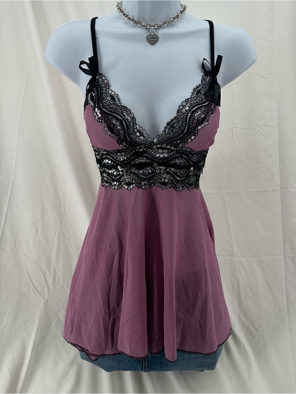 SOLDBabydoll Lace Coquette Black and Purple Cami Top - Picture 2 of 6